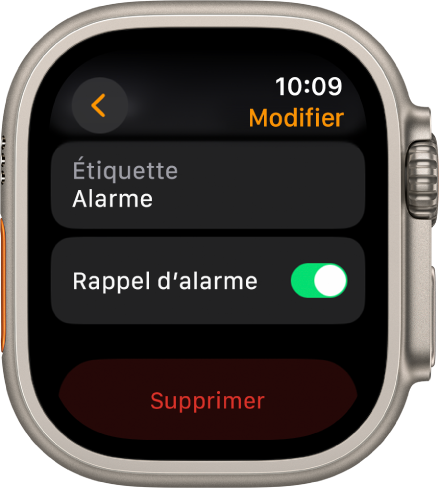 Un écran de modification de l’alarme avec le bouton Supprimer en bas.