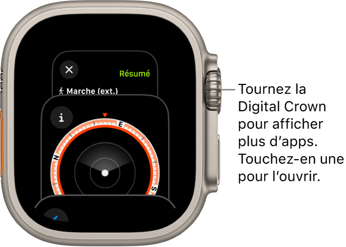 Le sélecteur d’app qui affiche l’app Boussole. Tournez la Digital Crown pour afficher plus d’apps. Touchez-en une pour l’ouvrir.