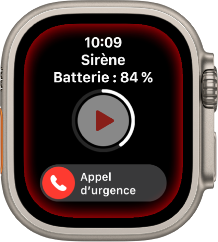 Compte à rebours de la sirène. En haut se trouve la charge de la batterie, au centre le bouton Lecture et en bas le curseur d’appel d’urgence.