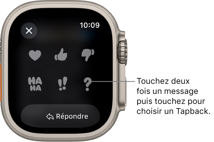 Conversation Messages avec des options Tapback : cœur, pouce vers le haut, vers le bas, Ha Ha, !! et ?. Un bouton de réponse se trouve en dessous.