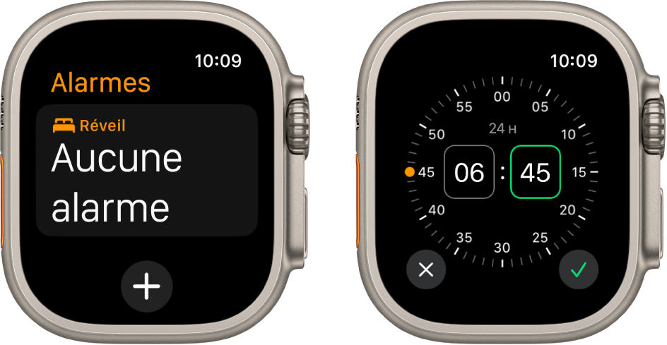 Deux cadrans montrant comment ajouter une alarme : il suffit de toucher « Ajouter une alarme », toucher les heures ou les minutes (et AM ou PM, le cas échéant), faire tourner la Digital Crown pour régler l’heure, puis toucher le bouton en forme de coche.