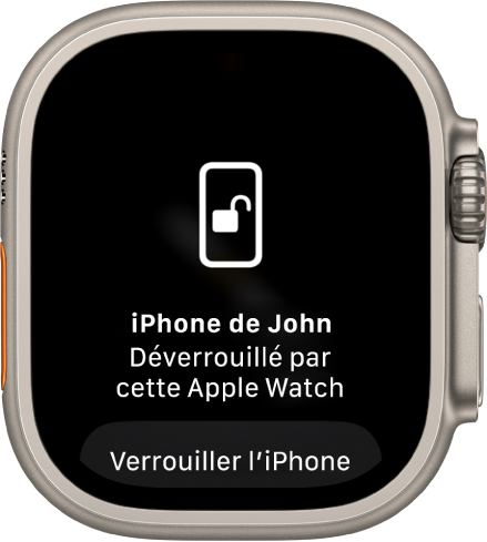 L’écran de l’Apple Watch affichant les mots « iPhone de Gilles déverrouillé par cette Apple Watch ». Le bouton « Verrouiller l’iPhone » apparaît en dessous.