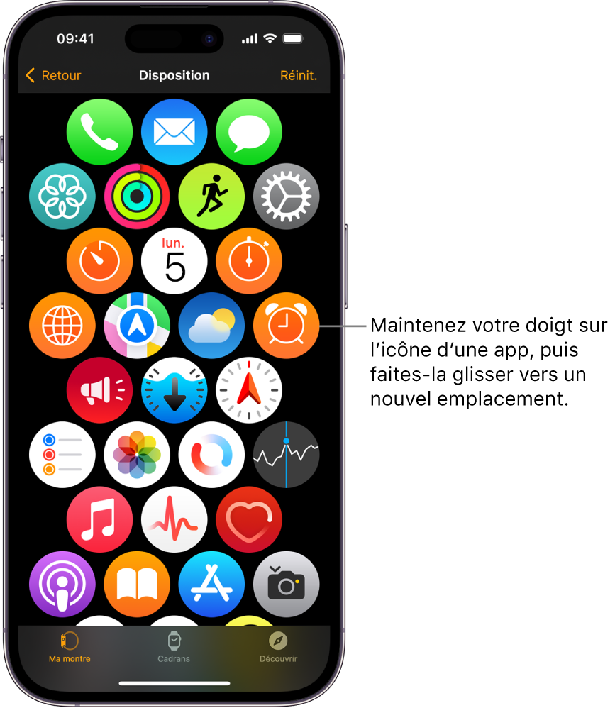 L’écran Disposition de l’app Apple Watch présentant une grille d’icônes.