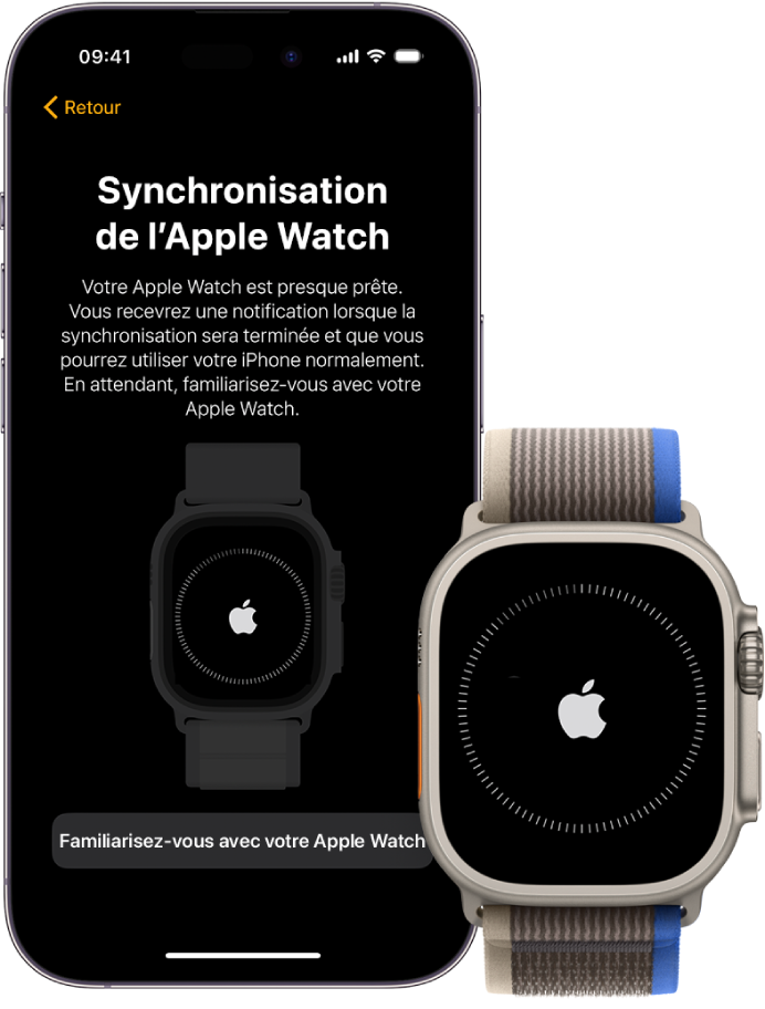 Un iPhone et une Apple Watch affichant leur écran de synchronisation.