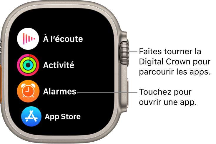 Écran d’accueil en présentation par liste sur l’Apple Watch, avec les apps disposées en liste. Touchez une app pour l’ouvrir. Faites défiler pour afficher plus d’apps.