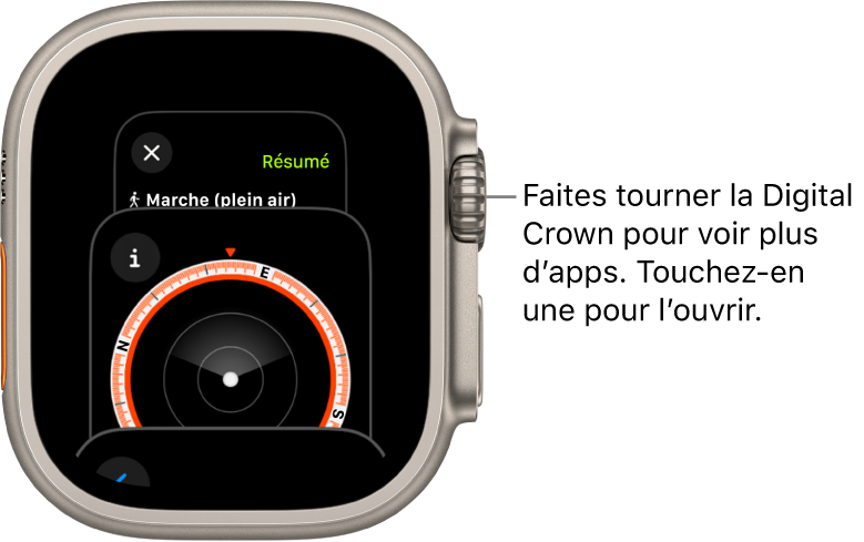 Le sélecteur d’app affichant l’app Boussole. Faites tourner la Digital Crown pour afficher plus d’apps. Touchez une app pour l’ouvrir.