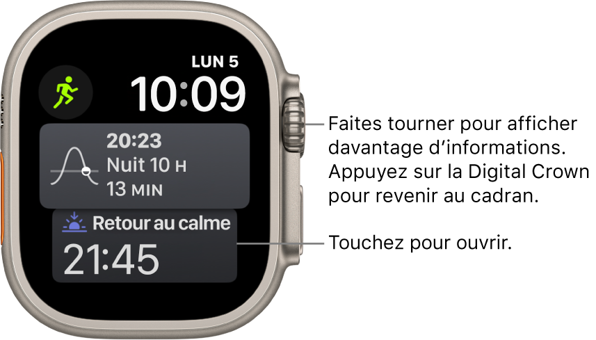 Cadran Siri avec l’heure et la date en haut à droite. Une complication Phase de lune se trouve en haut à gauche. En dessous figure la complication Jour/Nuit. En bas se trouve la complication Sommeil.