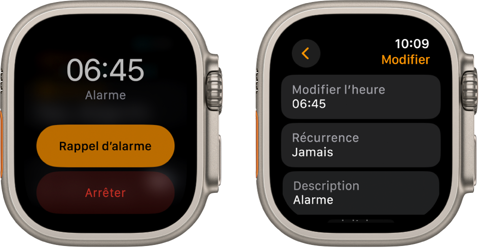 Deux écrans de la montre : le premier montre un cadran avec les boutons Rappel et Arrêter, tandis que le deuxième montre les réglages Modifier avec les boutons « Modifier l’heure », Répéter et Description. Un bouton Rappel se trouve en bas. Le bouton Rappel est désactivé.