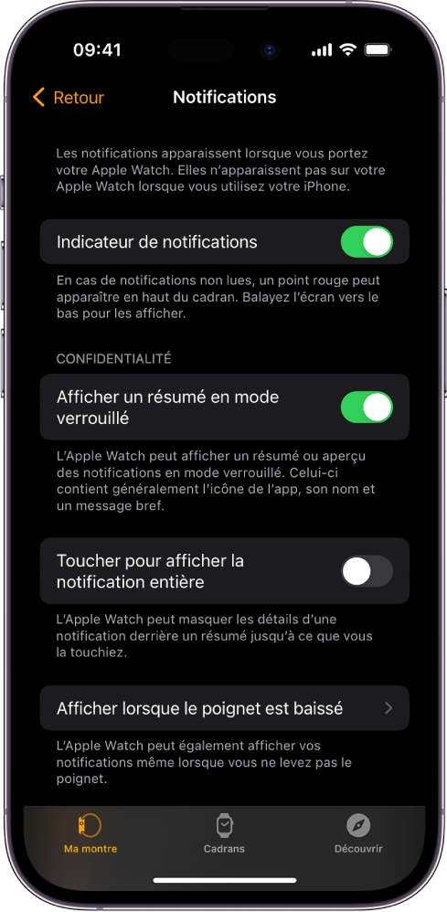 L’écran Notifications de l’app Apple Watch sur l’iPhone montrant des sources de notifications.