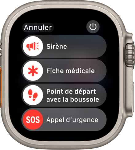 L’écran de l’Apple Watch affiche quatre curseurs : Sirène, « Fiche médicale », « Point de départ avec Boussole » et « Appel d’urgence ». Le bouton Alimentation se trouve en haut à droite.