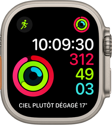 Cadran Activité numérique montrant l’heure ainsi que la progression vers les objectifs Me lever, Bouger et M’entraîner. Il y a aussi trois complications : Exercice en haut à gauche, Activité en haut à droite et Conditions météo en bas.