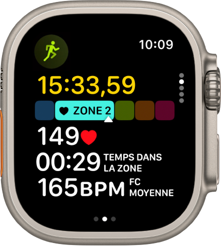 Exercice de course en cours indiquant son temps écoulé, la zone dans laquelle vous vous trouvez, votre fréquence cardiaque, le temps dans la zone et la fréquence cardiaque moyenne.