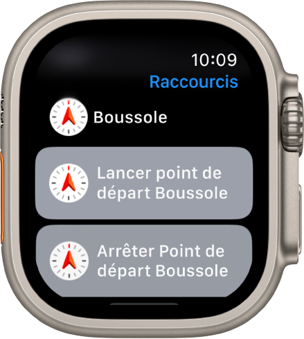 L’app Raccourcis sur l’Apple Watch affichant deux raccourcis Boussole : Démarrer Point de départ avec la boussole et Arrêter Point de départ avec la boussole.