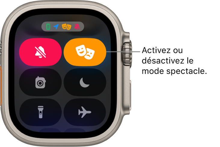 Le Centre de contrôle avec les boutons du mode Spectacle et du mode Silence en surbrillance pour indiquer que le mode Spectacle est activé.