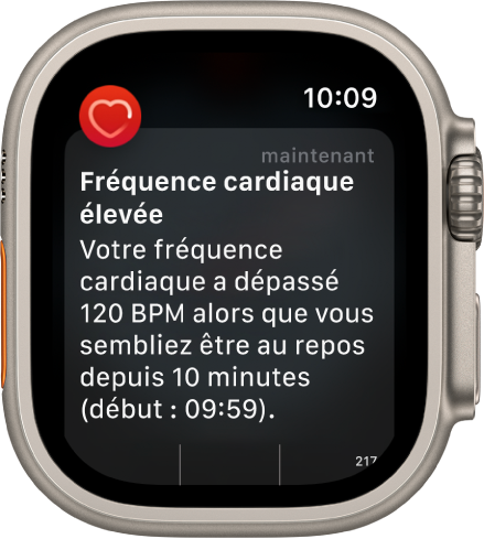 Une alerte Fréquence cardiaque, indiquant une fréquence cardiaque élevée.