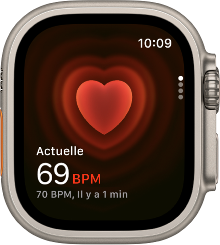 L’app Fréquence cardiaque, avec votre fréquence cardiaque actuelle affichée en bas à gauche et votre dernier relevé juste dessous en plus petit.