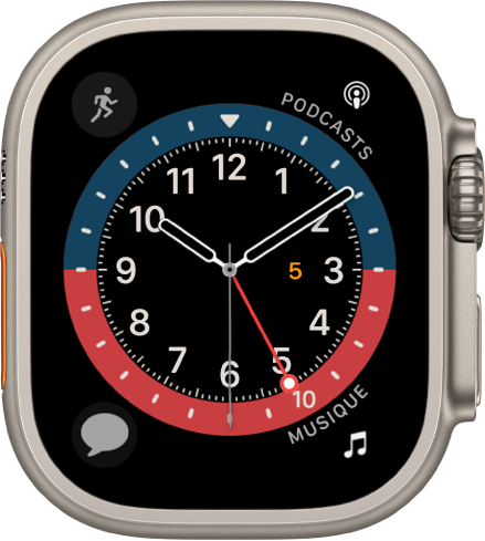 Cadran GMT, sur lequel vous pouvez ajuster la couleur. Il affiche quatre complications : Exercice en haut à gauche, Messages en haut à droite, Minuteurs en bas à gauche et Musique en bas à droite.