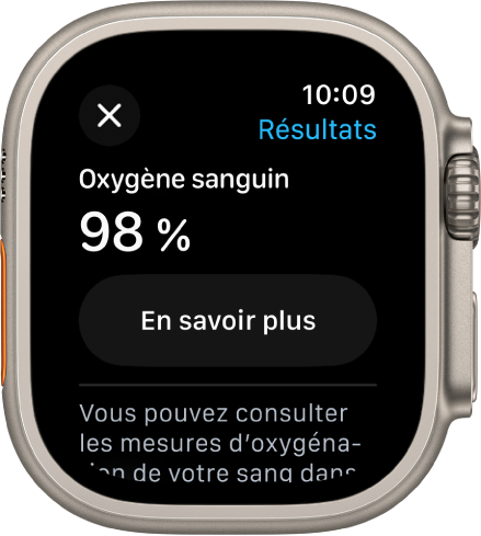 L’écran de résultats d’Oxygène sanguin affichant une saturation du sang en oxygène de 98 %. Un bouton En savoir plus figure en dessous.