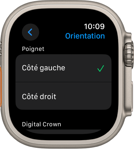 L’écran Orientation sur l’Apple Watch. Vous pouvez définir vos préférences pour le poignet et la Digital Crown.