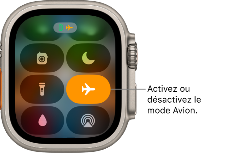Le Centre de contrôle avec le bouton du mode Avion en surbrillance pour indiquer que le mode est activé.