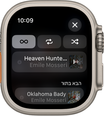 חלון עם אפשרויות ההשמעה ״סדר אקראי״, ״חזרה״ ו״השמעה אוטומטית״ בחלק העליון, ורצועת השמעה מתחת. בתחתית החלון, רצועה נוספת תחת ״הבא בתור״. משמאל למעלה נמצא הכפתור ״סגירה״.