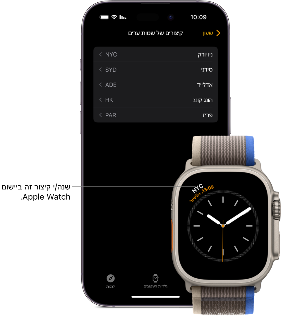 iPhone ו‑Apple Watch, זה לצד זה. מסך של Apple Watch עם תצוגת השעה בעיר ניו יורק, שמופיעה תחת הקיצור NYC. מסך ה‑iPhone מציג את רשימת הערים בהגדרות ״שעון״ ביישום Apple Watch.