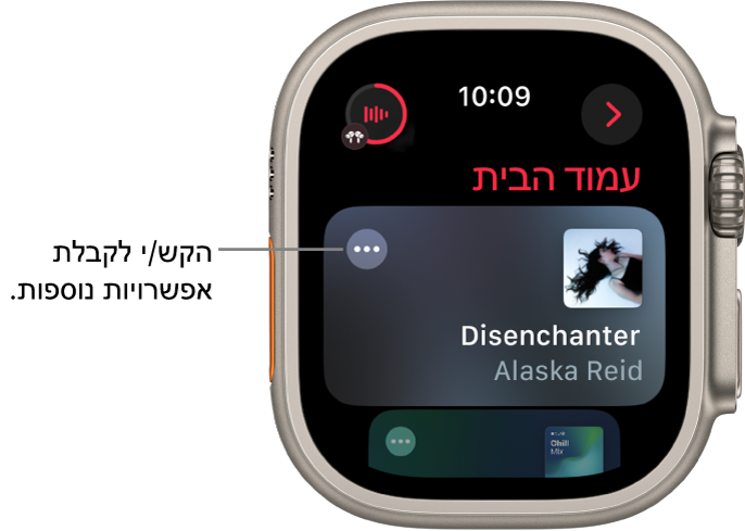 היישום ״מוזיקה״ מציג את מסך הבית שבו מוצג אלבום אחד. כפתור ״אפשרויות נוספות״ מופיע משמאל. הכפתור ״מתנגן כעת״ ממוקם למעלה משמאל. משמאל למעלה נמצא הכפתור ״אחורה״.