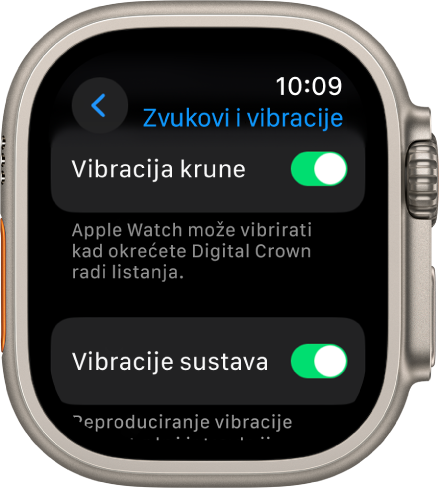 Zaslon Vibracije krune, s uključenim prekidačem Vibracija krune. Ispod se nalazi prekidač Vibracije sustava.