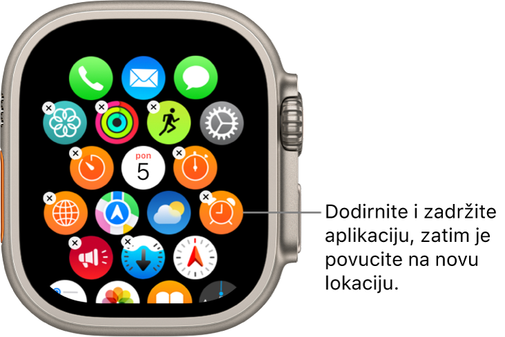 Početni zaslon Apple Watcha u prikazu rešetke.