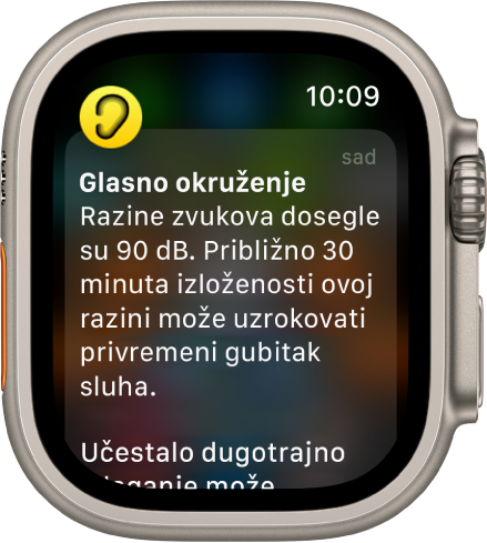 Apple Watch na kojem je prikazana obavijest o buci. Ikona za aplikaciju povezanu s obavijesti prikazuje se u gornjem lijevom kutu. Možete je dodirnuti za otvaranje aplikacije.