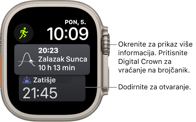 Brojčanik sata Siri s prikazom datuma i vremena u gornjem desnom kutu. Dodatak Mjesečeva mijena nalazi se u gornjem lijevom kutu. Ispod se nalazi dodatak Izlazak/zalazak Sunca. Na dnu se nalazi dodatak Spavanje.