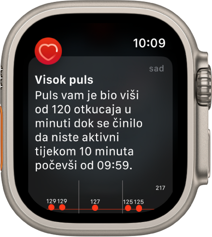 Zaslon Visok puls prikazuje obavijest da je vaš puls porastao iznad 120/MIN na 10 minuta dok ste se činili neaktivnim.