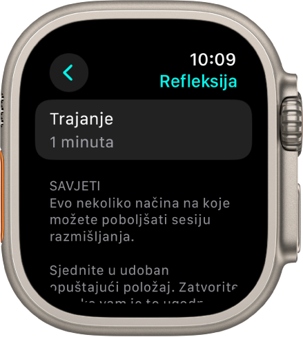 Zaslon aplikacije Svjesnost s prikazom trajanja od jedne minute pri vrhu. Ispod se nalaze savjeti za poboljšanje sesije refleksije.