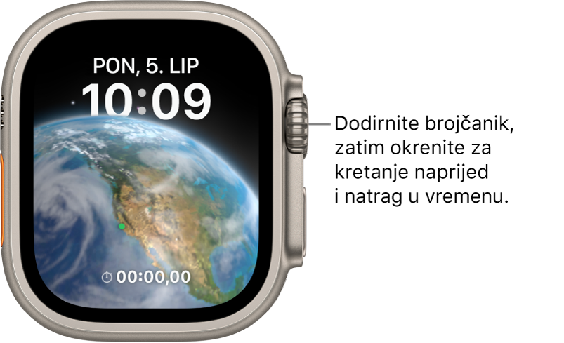 Astronomski brojčanik sata koji prikazuje dan, datum i trenutačno vrijeme. Dodatak brojača nalazi se na dnu. Dodirnite brojčanik sata, zatim okrenite Digital Crown za putovanje unaprijed ili unatrag kroz vrijeme.