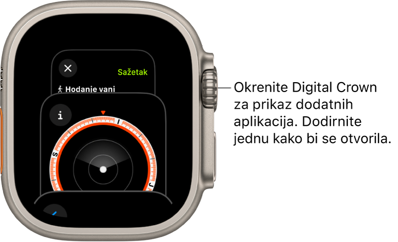 Izmjenjivač aplikacija s prikazom aplikacije Kompas. Okrenite Digital Crown za prikaz više aplikacija. Dodirnite jednu za otvaranje.