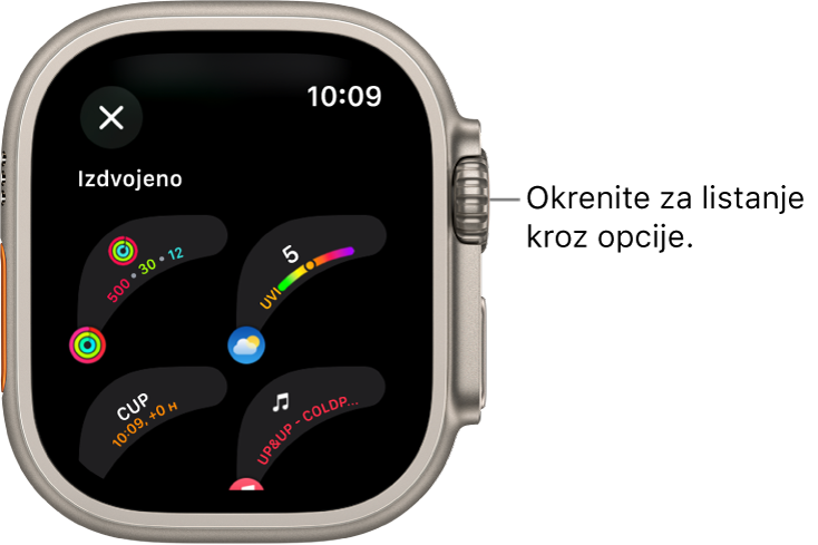 Na zaslonu za prilagođavanje brojčanika sata prikazuju se izdvojeni dodaci. Okrenite Digital Crown za prikaz komplikacije.