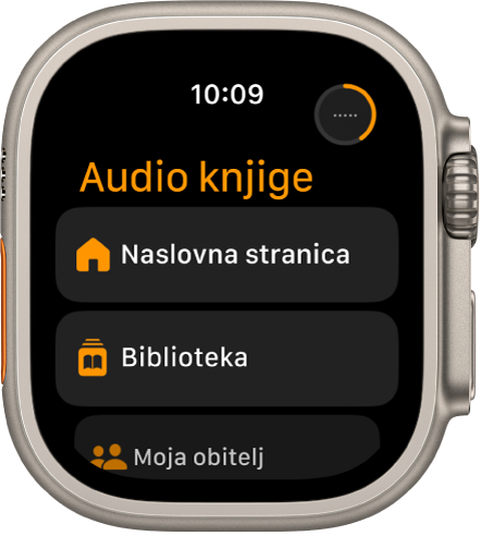 U aplikaciji Audio knjige prikazuju se tipke Početna stranica, Medijateka i Moja obitelj.