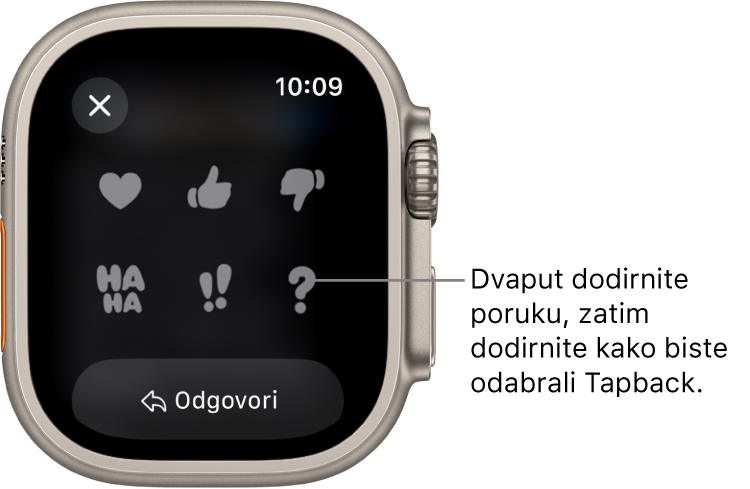 Razgovor u Porukama s opcijama Tapbacka: srce, palac gore, palac dolje, Ha Ha, !! i ?. Tipka Odgovori nalazi se ispod.