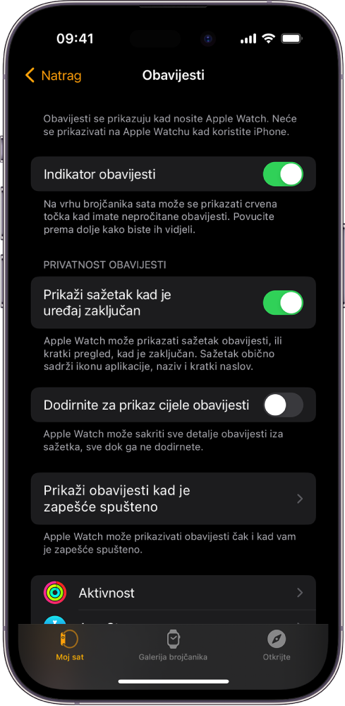 Zaslon Obavijesti u aplikaciji Apple Watch na iPhoneu, s prikazanim izvorima obavijesti.