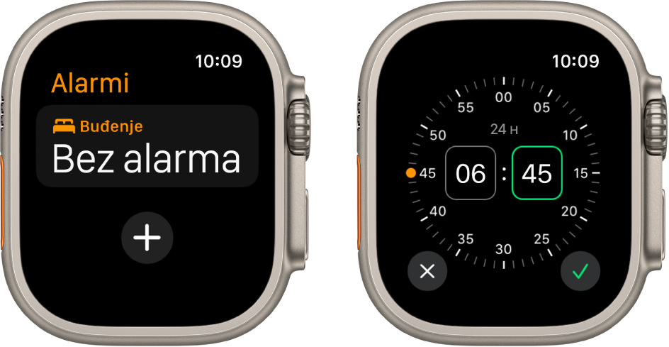 Dva zaslona sata koji pokazuju postupak dodavanja alarma: Dodirnite Dodaj alarm, dodirnite AM (ujutro) ili PM (poslijepodne), okrenite Digital Crown za podešavanje vremena pa dodirnite tipku kvačice.