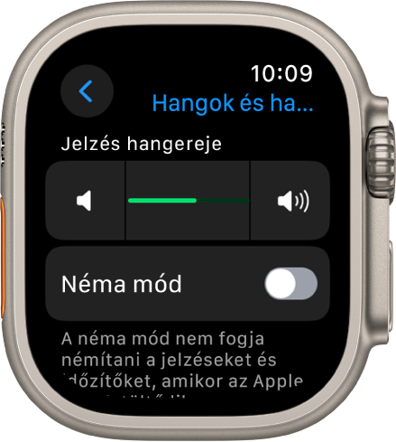 A hangok és haptikus jelzések beállításai az Apple Watchon; felül a Jelzés hangereje, alatta pedig a Néma mód kapcsolója látható.