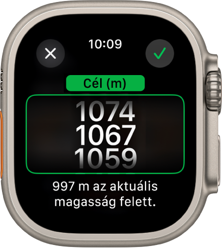 Az Iránytű app a Célmagasság képernyővel. A képernyő közepén egy görgetés alatt álló magasságlista jelenik meg. A képernyő közepén egy görgetés alatt álló magasságlista jelenik meg. A lista alatt megjelenő szám azt jelzi, hogy a kijelölt magasság mennyivel az aktuális magassága alatt vagy felett található. Felül a Bezárás és a Pipa gombok láthatók.