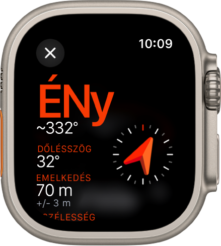 Az Iránytű app az Infó képernyővel. Bal középen az irány látható az iránytű (északnyugati) irányával és a fokkal (332 fok). Alatta az aktuális lejtés és emelkedés látható. A jobb oldalon egy iránytűjelző található. A Bezárás gomb a bal felső részen jelenik meg.
