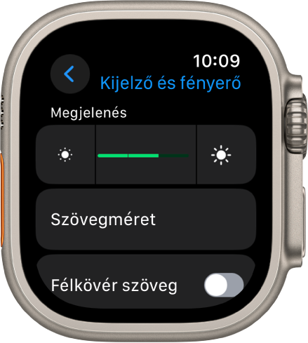 A Kijelző és fényerő beállításai az Apple Watchon; felül a Fényerő csúszka látható, alatta pedig a Szövegméret gomb.