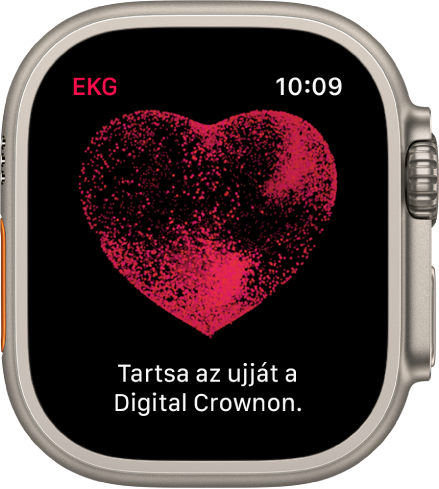 Az EKG app, amelynek képernyőjén egy szív látható a következő szöveggel: „Tartsa az ujját a Digital Crownon”.