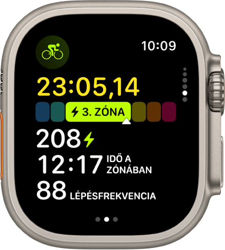 Az Edzés app egy bicikliedzés során megjelenő mérőszámokkal.