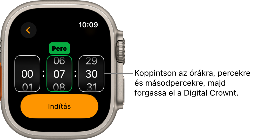 Az egyéni időzítő létrehozásának beállításai; az óra a bal oldalon, a perc középen, a másodperc pedig a jobb oldalon látható. Az Indítás gomb alább látható.