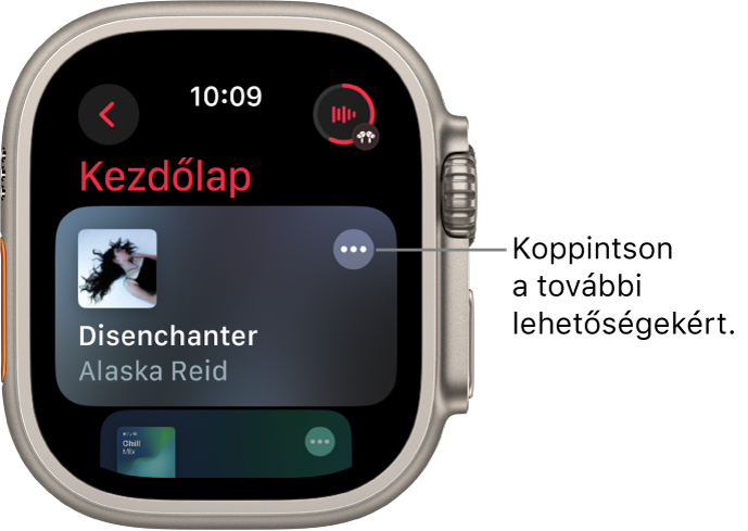 A Zene app a Főképernyővel és egy albummal. A További beállítások gomb a jobb oldalon található. A képernyő jobb felső részén a Lejátszás alatt gomb található. A Vissza gomb a bal felső sarokban látható.