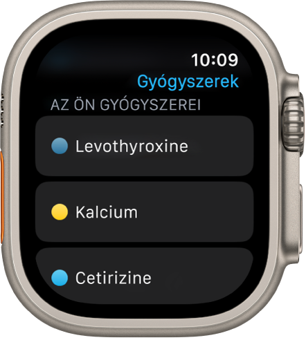 A Gyógyszerek app, amelyben a szedett gyógyszerek és táplálékkiegészítők láthatók.