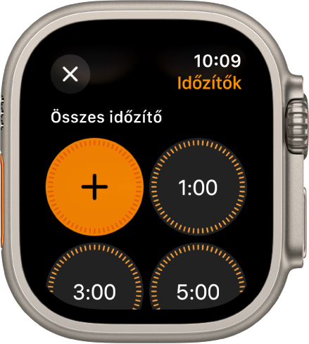 Az Időzítő app képernyője egy új időzítő hozzáadására szolgáló Hozzáadás gombbal és 1, 3 és 5 perces gyorsan beállítható időzítőkkel.